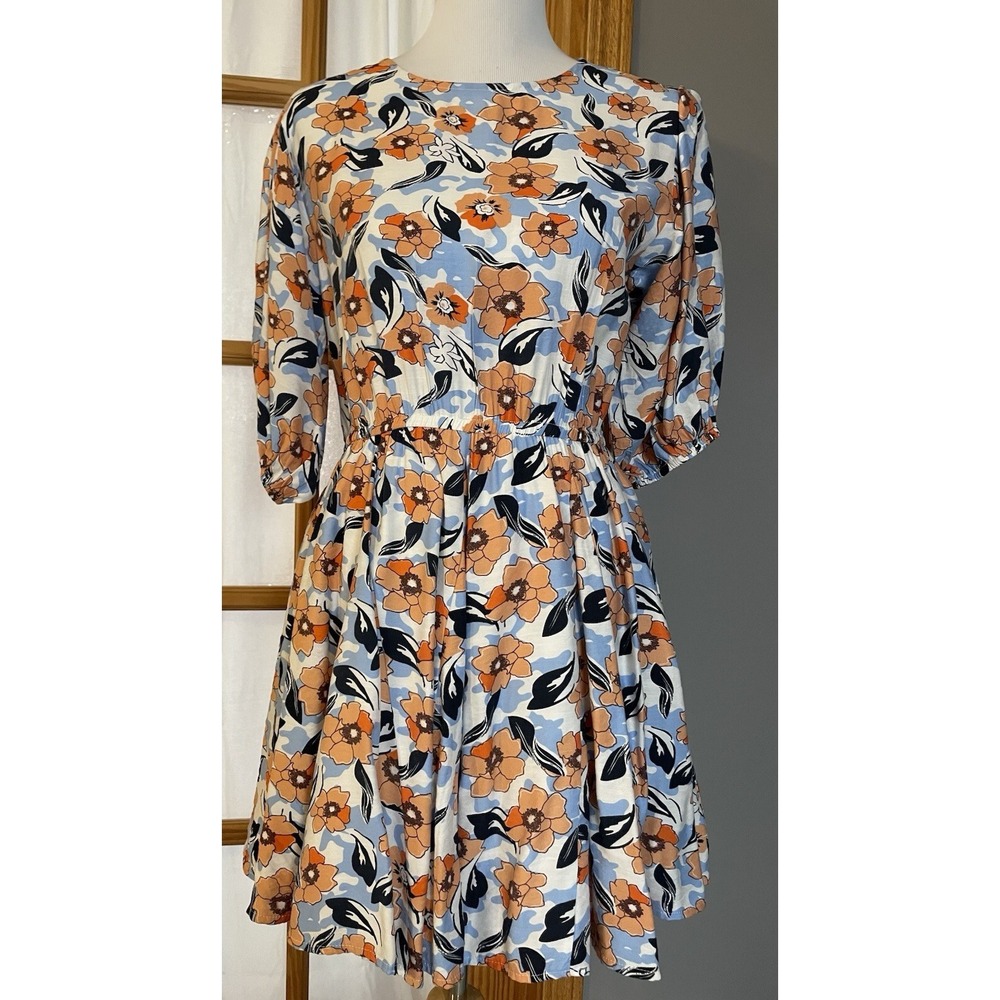 Meloday Floral Mini Dress L Blue Tan Gold Balloon SleeveSmocked Cut Out Cottage